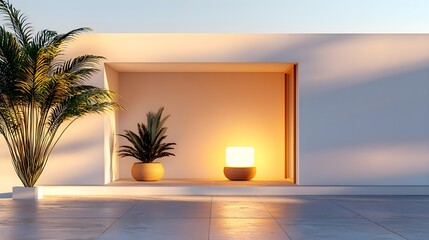 Poolside bungalow with tropical decor, soft sunset lighting, generous space for marketing text, warm and welcoming atmosphere