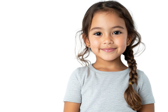 Naklejki Young girl with long hair and a grey shirt is smiling