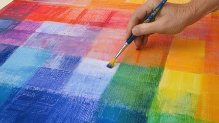 Hand painting vibrant color squares on canvas. (1)