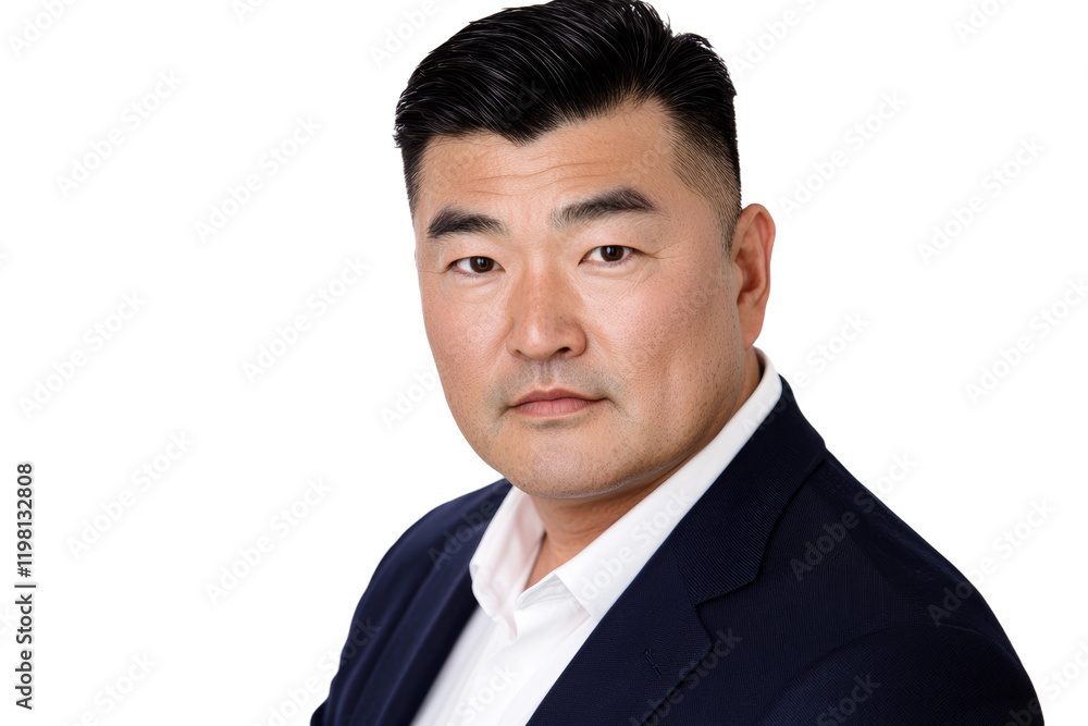 Poster man in a suit and tie is standing in front of a white background