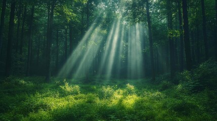 Fototapeta premium Sunbeams Illuminate Lush Forest Floor in a Serene and Peaceful Natural Scene