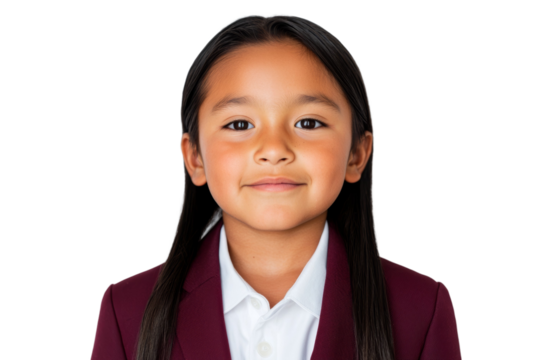 Young girl wearing a red jacket and white shirt is smiling
