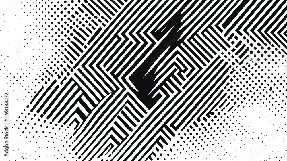 Poster abstract black and white geometric pattern with maze-like lines and halftone dots.