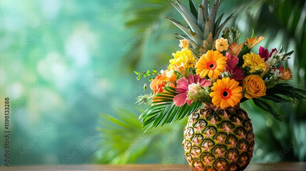 Poster bright and colorful floral arrangement inside a hollowed pineapple on a table surrounded by greenery