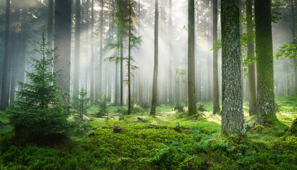 A serene misty forest with soft green hues, creating a peaceful, tranquil atmosphere. The mist gently envelops the trees, offering a perfect backdrop for nature-themed projects.
