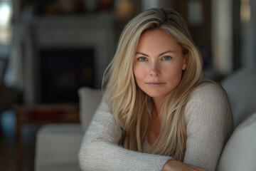 Obraz premium Blond Woman Relaxing in Cozy Living Room, Peaceful Atmosphere, Home Comfort, Serene Headshot calm 