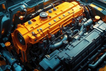 a detailed illustration of a car engine, glistening with lubricant oil, depicts the intricate mechanics of repair work, showcasing the engineering behind automotive maintenance