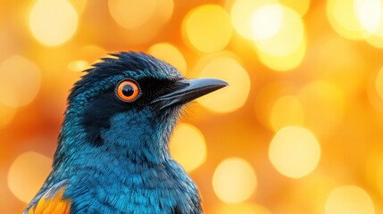 Vibrant bird portrait featuring striking blue and orange plumage against a warm bokeh background