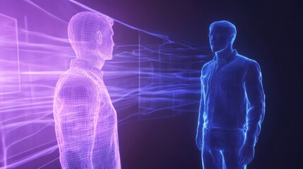 Two holographic figures in a digital environment.