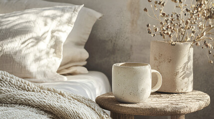 Cozy morning scene: a speckled mug sits on a rustic side table next to a bed with soft bedding. Dried flowers add a touch of natural elegance.
