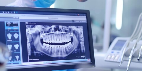 Detailed X-ray Image of Human Teeth Displayed on a Computer Screen in a Modern Dental Clinic Setting with Dental Equipment in Background