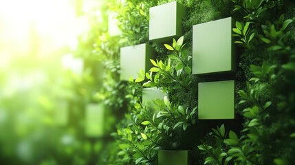 Lush green wall with square planters showcasing vibrant foliage, illuminated by soft sunlight