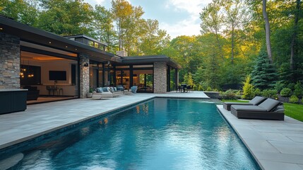 Fototapeta premium A modern luxury house featuring a sleek, clean architectural design with large glass windows and an expansive backyard pool surrounded by lush greenery