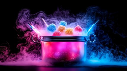 Obraz premium Holographic-toned drinks and rainbow candies in a smoky, surreal cauldron setup, illuminated by dynamic neon backlighting