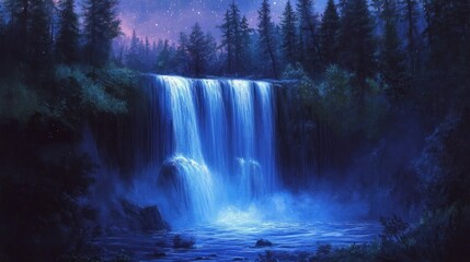 Serene night waterfall cascading into a tranquil pool, surrounded by lush forest under a starry sky.
