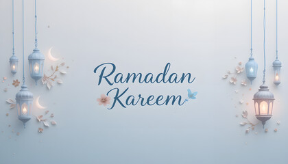 Ramadan Kareem greeting with lanterns and floral elements.