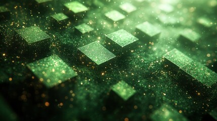 Abstract green digital landscape with floating cubes and sparkling particles creating a futuristic atmosphere