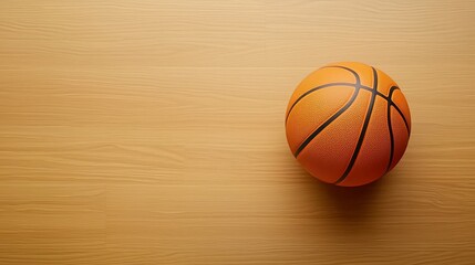 Obraz premium High-detail top view of a basketball on a matte brown court floor, soft shadows creating a dynamic and clean composition