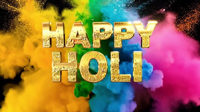 Bright and vibrant golden Happy Holi greeting surrounded by colorful powder splashes explosion, celebrating the festival of colors. 4K video animation