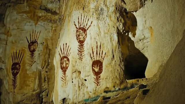 Ancient cave paintings display handprints and symbols inside a dark cavern