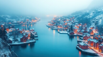 Serene winter landscape of a snow-covered village by the water, illuminated by soft evening lights