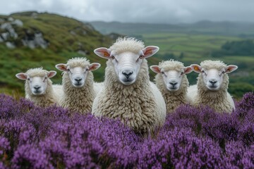 Fototapeta premium a flock of highland sheep huddled together on a windswept moor, their wool textured against moody storm clouds and heather-covered hills