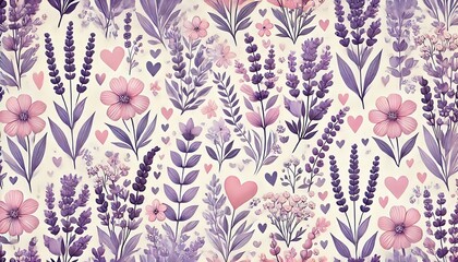 Lavender floral pattern interspersed with pink hearts and soft white accents for harmonious design.