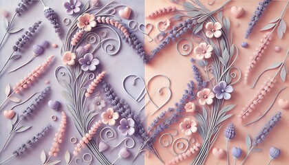 Pastel lavender and pink backdrop with intertwined hearts and lavender blossoms creating cohesive theme.
