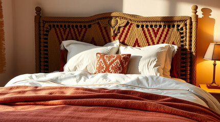 Sunlit Bohemian Bedroom: Cozy Bed with Woven Headboard and Textured Textiles