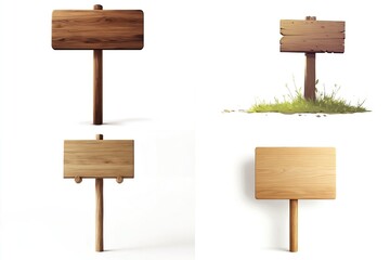 Four wooden signs; blank, rustic, weathered, isolated.