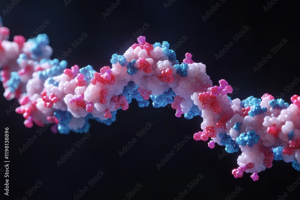 Poster close up view of an intricate molecular rna chain surrounded by various viruses against a dark backg