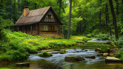 Obraz premium Tranquil wooden house by stream surrounded by greenery. Riverstone. Illustration