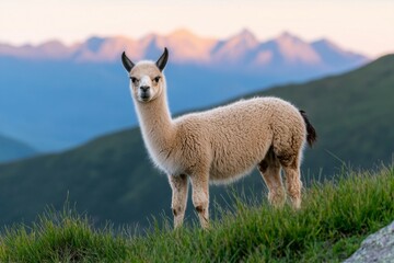 Fototapeta premium Baby llama stands on a grassy hillside, looking out over the mountains