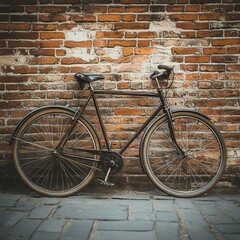 Vintage bicycle leaning against brick wall.