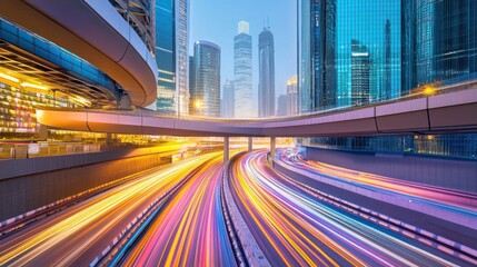 Obraz premium Urban Highway Lights at Dusk, Cityscape at Night