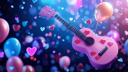 Fototapeta premium A stylized 3D render of a pink ukulele adorned with glowing heart decals, surrounded by colorful holographic confetti and floating balloons, vibrant pop art style