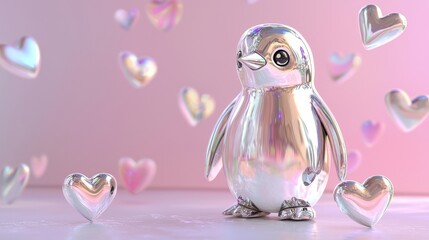 A stylized penguin sculpture on a shimmering, iridescent surface, digital holographic hearts and snowflakes floating around, minimalist pop art