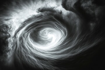 A swirling vortex of dark clouds, a mesmerizing grayscale abstract of cosmic energy and swirling chaos.