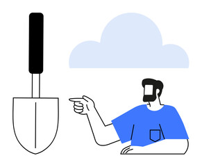 Man wearing blue shirt pointing at a garden trowel. Black and white elements with light blue cloud. Ideal for gardening, landscaping, directions, working, horticulture, tools, and instructions