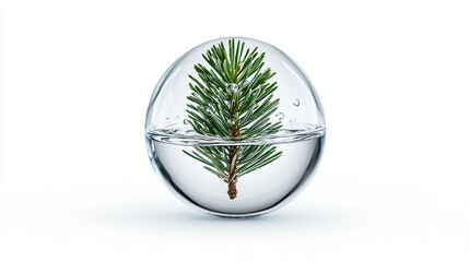 pine-infused oil droplet, conifer branch enclosed, floating effect, crisp details, photorealistic, isolated on white background