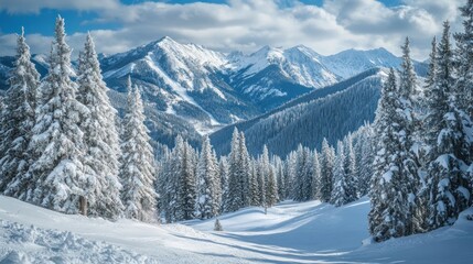 Fototapeta premium Majestic snow-covered mountains and evergreen trees under a bright sky with scattered clouds