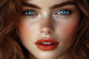 a glamorous advertisement featuring a striking woman with natural red lips, captivating blue eyes, and flowing brown hair, exuding confidence and beauty