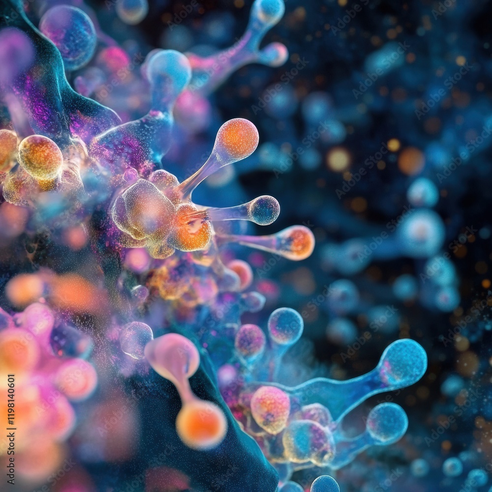 Poster exploring intricate molecular interactions with diverse microbes at microscopic levels. generative a