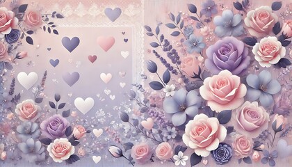 Lavender and pastel pink floral backdrop with scattered hearts and layered rose patterns creating depth.