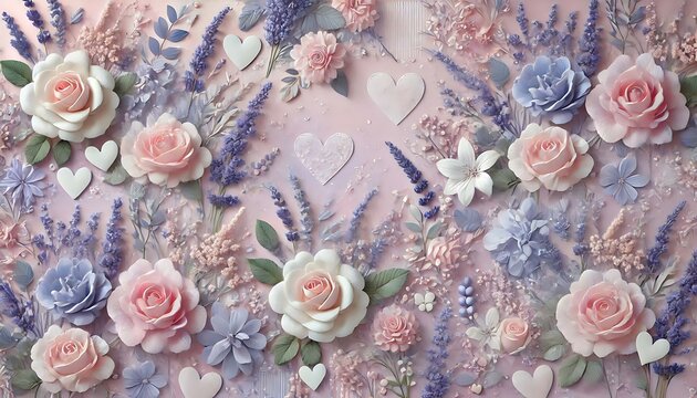 Lavender and pastel pink floral backdrop with scattered hearts and layered rose patterns creating depth.