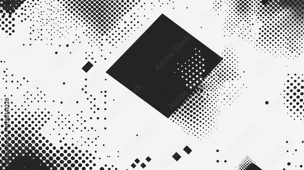 Poster abstract halftone pattern with black squares.