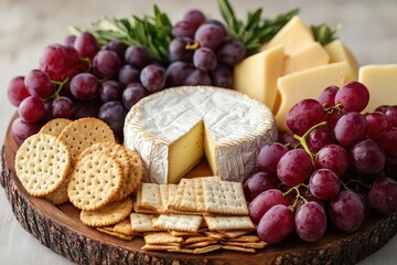 a gourmet cheese platter adorned with grapes and crackers, artfully arranged, showcasing a delightful spread for food lovers and elegant gatherings