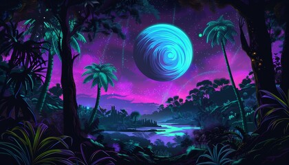 Obraz premium A vibrant, digital painting of a lush, tropical landscape with palm trees, a river, and a glowing blue orb in the sky.