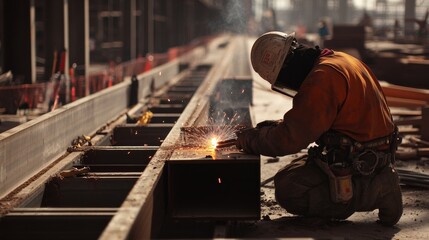 A detailed close-up of a construction worker welding steel beams for a bridge construction project, Bridge construction scene, Structural welding style