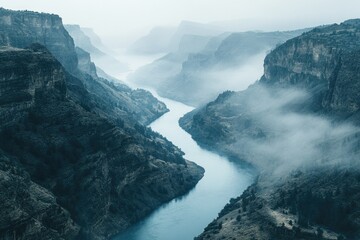 A misty river winds through a deep canyon, creating a serene and breathtaking landscape.